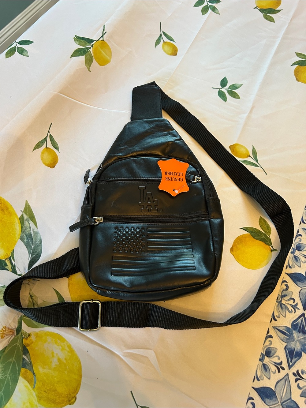Black Leather LA Dodgers Sling Bag- Unisex